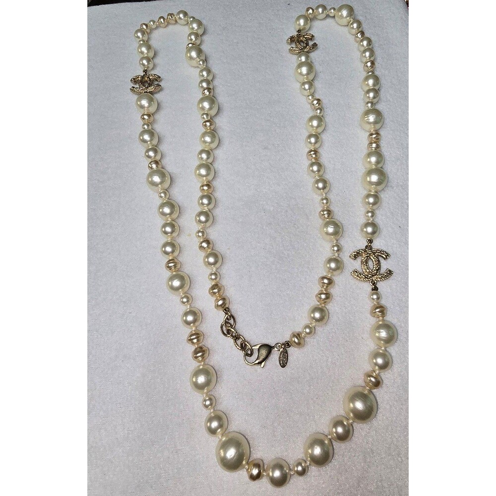 Long Chanel Faux Pearl Necklace